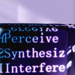 Arte abstrata futurista com elementos digitais e textos sobre inteligência artificial