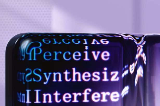 Arte abstrata futurista com elementos digitais e textos sobre inteligência artificial
