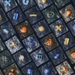 Composição abstrata com ícones tridimensionais de tecnologia e inteligência artificial organizados sobre uma grade.