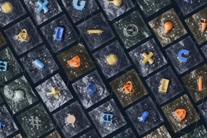 Composição abstrata com ícones tridimensionais de tecnologia e inteligência artificial organizados sobre uma grade.
