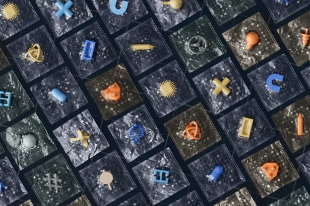 Composição abstrata com ícones tridimensionais de tecnologia e inteligência artificial organizados sobre uma grade.