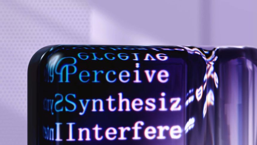 Arte abstrata futurista com elementos digitais e textos sobre inteligência artificial